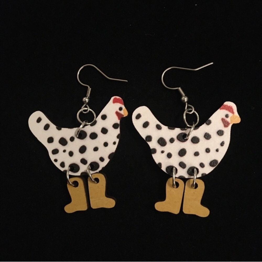 Chicken Earrings with Polka Dots and Boots - Picture 1 of 6